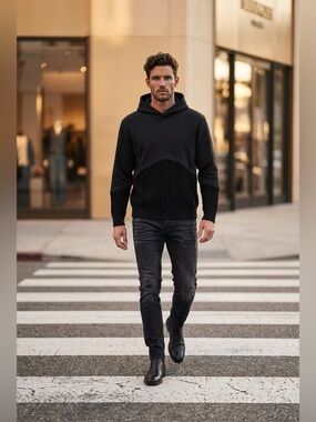 Twenty Montreal Men's Black Crewneck Sweater with Textured Knit Panel